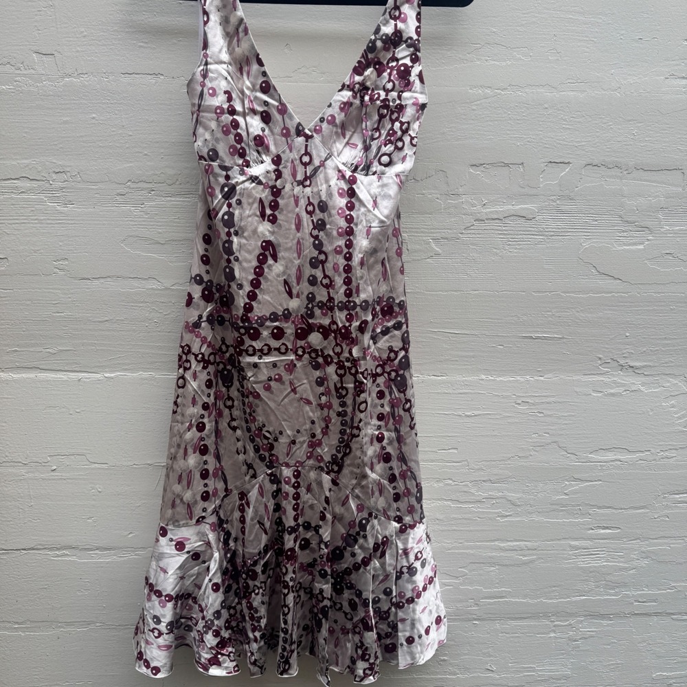 Trina Turk Silk Dress 6 Pink Purple Vintage Y2K Geometric Ruffle V-Neck USA